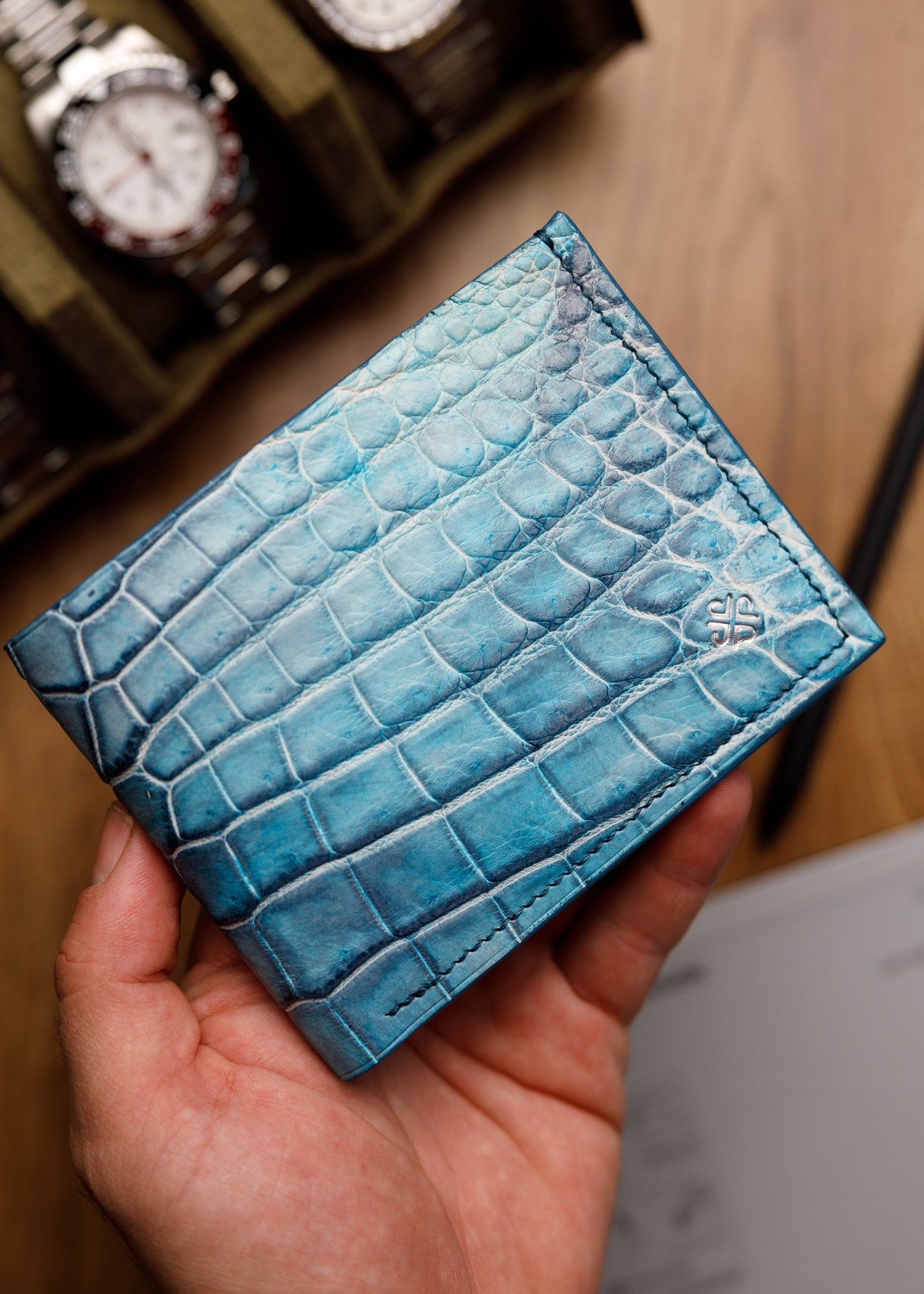 Bifold Wallet - Washed Blue Crocodile